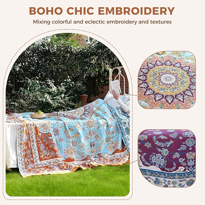 LUTBM Boho Throw Blanket for Bed 60"x80", All Season Cotton Couch Blankets | Reversible Vintage Floral Jacquard, All-Season Twin Lightweight Breathable Quilt, For Chair Sofa Bedroom Living Room Decor