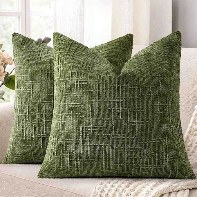 decorUhome Textured Chenille Throw Pillow Covers 24x24 Set of 2 Olive Green | Fall Modern Farmhouse Soft Cozy Slubby Couch Pillow Cases Boho Decorative Pillow Cases for Bed Sofa Living Room Home Decor
