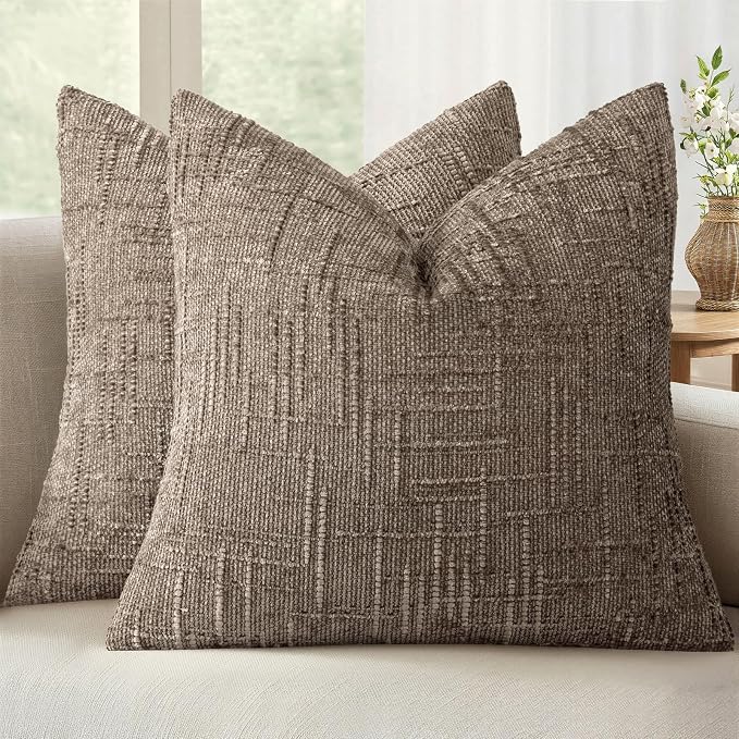 MIULEE Chenille Textured Throw Pillow Covers Taupe Grey 20x20 Set of 2 | Slubby Decorative Pillows, Fall Boho Farmhouse Home Decor, Modern Neutral Cushion Covers for Couch Sofa Bed Living Room