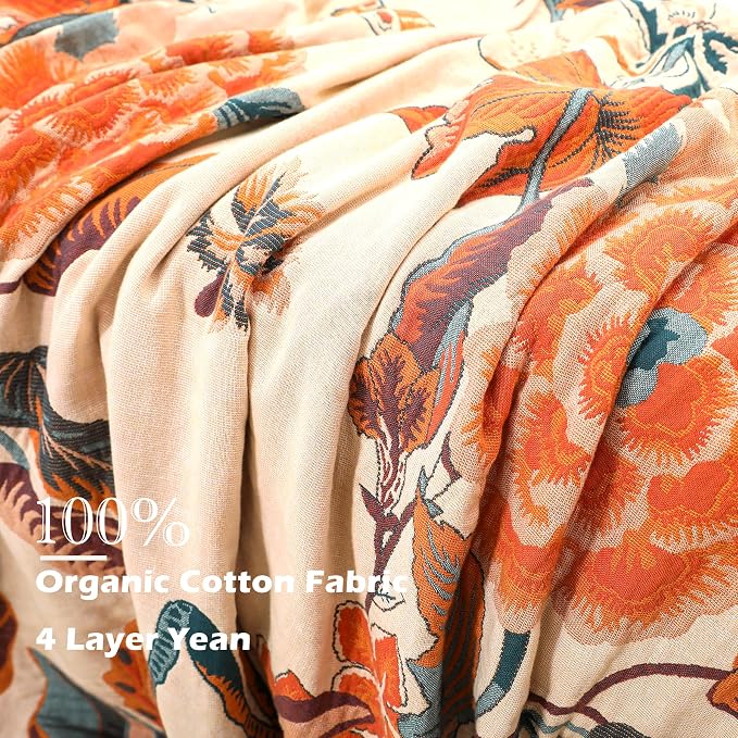 VANJOROY Boho Throw Blanket, 100% Organic Cotton Breathable Soft Lightweight All Season Rustic Bed Throw - Floral Bird Farmhouse Decor Blanket for Sofa Couch Chair Quilt and Gift. 60" x 80"