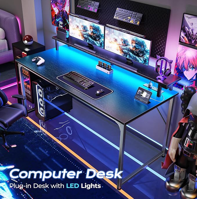 PRAISUN 48 inch Gaming Desk, LED & Power Outlets, Monitor Stand, Black | Sturdy PC Desk for Home Office, Study & Work, LED Lights, 4 AC Outlets & USB-C Charging Station