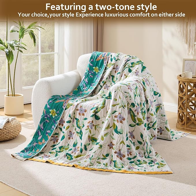 VANJOROY Boho Throw Blanket, 100% Organic Cotton Breathable Skin-Friendly Ultra Soft 50" x 60" Bed Quilt Throw - Floral Rustic Decor Luxury Reversible Blanket for Sofa Couch Chair and Gift,
