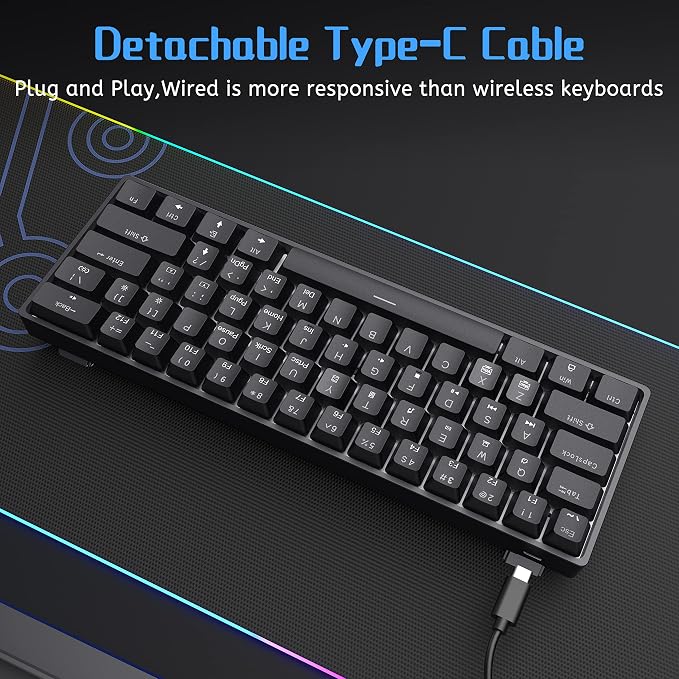 DIERYA 60% Mechanical Keyboard, DK61se Wired Gaming Keyboard with Brown Switches, LED Backlit Ultra-Compact 61 Keys Mini Office Keyboard for Windows Laptop PC Gamer Typist（Black）