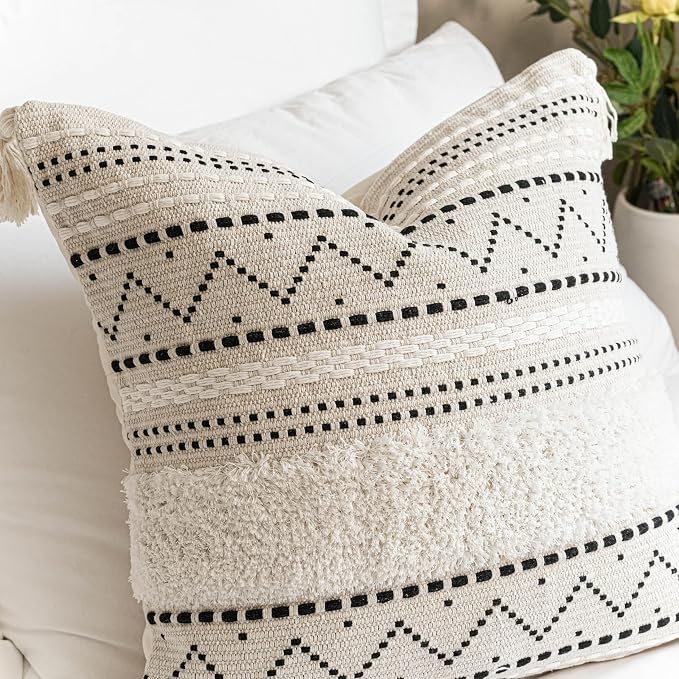 Decorative Throw Pillow Covers 18x18 Combo Set of 2 Square Boho Black Neutral Accent Pillowcase Tassels Farmhouse Cushion for Couch Sofa Bedroom Living Room Home Décor Cover ONLY