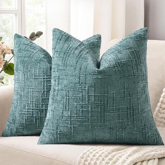 decorUhome Textured Chenille Throw Pillow Covers 20x20 Set of 2 Teal | Fall Modern Farmhouse Soft Cozy Slubby Couch Pillow Cases Boho Decorative Pillow Cases for Bed Sofa Living Room Home Decor