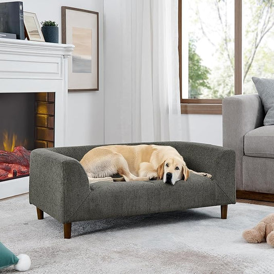39x25 Inch Large Dog Sofa, Modern Jumbo Pet Couch Made Made by Linen with Armrest and Backrest - Indoor Elevated Dogs Chaise Bed for Doggy up to Medium and Large (Grey)