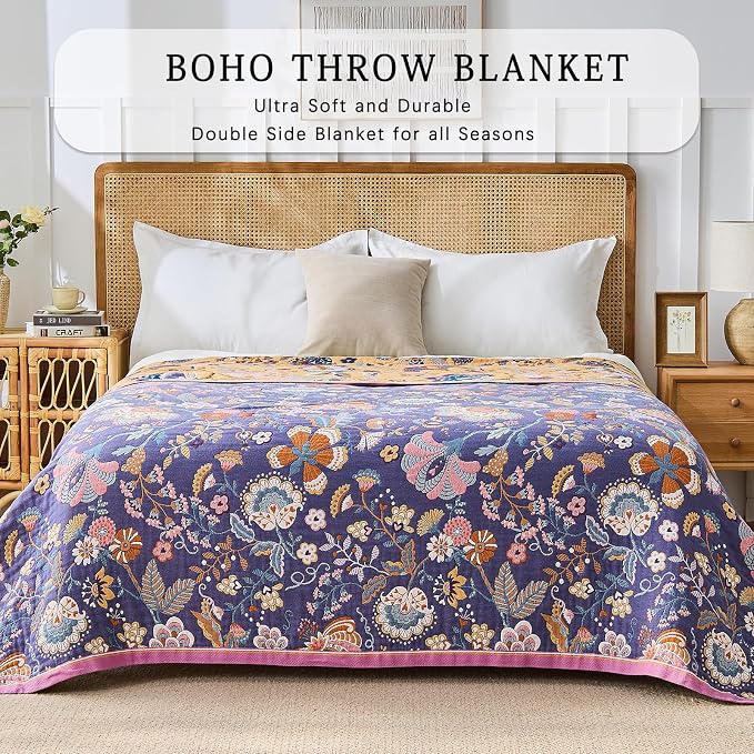 Boho Throw Blanket Farmhouse Decor Throw Blanket Bohemian Blanket for Bed 100% Cotton Muslin Woven Couch Blanket All Seasons Quilt Bedroom (H-Purple, 50"x60")