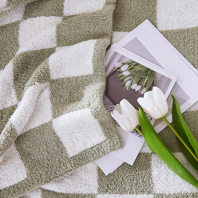 Soft King Size Checkered Blanket for Bed-Cozy Knitted Blankets | Lightweight Fluffy Warm Decor for Women, Mom, Her & Girls, Sofa, Chair, Couch, 90x108in, Sage Green