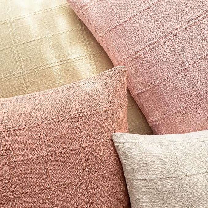 Foindtower Set of 2 Decorative Linen Check Throw Pillow Covers Neutral Farmhouse Lumbar Cushion Covers Modern Boho Accent Home Decor for Sofa Chair Couch Bedroom Living Room,12×20 Inch,Coral Pink