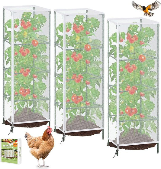 3 Pack 59"x18" Bird Netting Plant Cover for Garden Square Tomato Cages Protection,Insect Bird Barrier Garden Plant Netting Tomato Trellis Protective Cover with Zipper & Drawstring