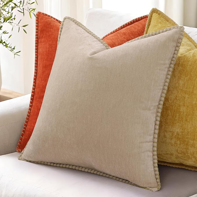 decorUhome Soft Chenille Throw Pillow Covers 22x22 Set of 2 Mineral Yellow | Fall Textured Decorative Throw Pillow Cases Stitched Edge Modern Farmhouse Luxury Boho Velvet for Couch Sofa Bed Home Decor