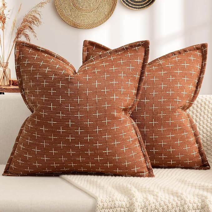 Fall Pillow Covers 18x18 Set of 2 Soft Polyester Textured Rust Pillow Covers with Stylish Flange Edge Cozy Farmhouse Throw Pillows for Couch Bed Sofa Living Room Fall Decor