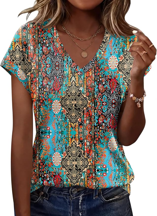 Rapbin Womens Summer Tops Women Blouses Dressy Casual V Neck T Shirts Short Sleeve Spring Tops for Women