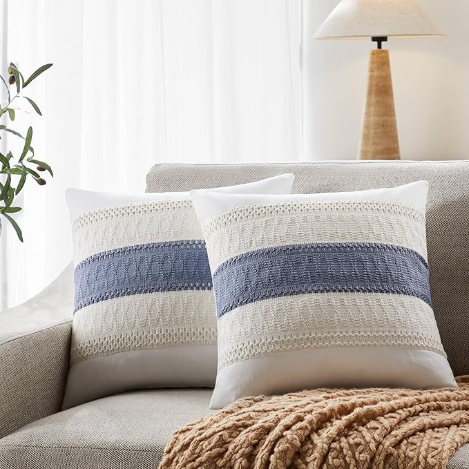 2pk Boho Pillow Covers 20x20, Natural White/Contrast/Blue | 100% Organic Cotton Body, Stripe Embroidery, Farmhouse Decorative Cushion Covers for Sofa Bed Living Room Home Decor