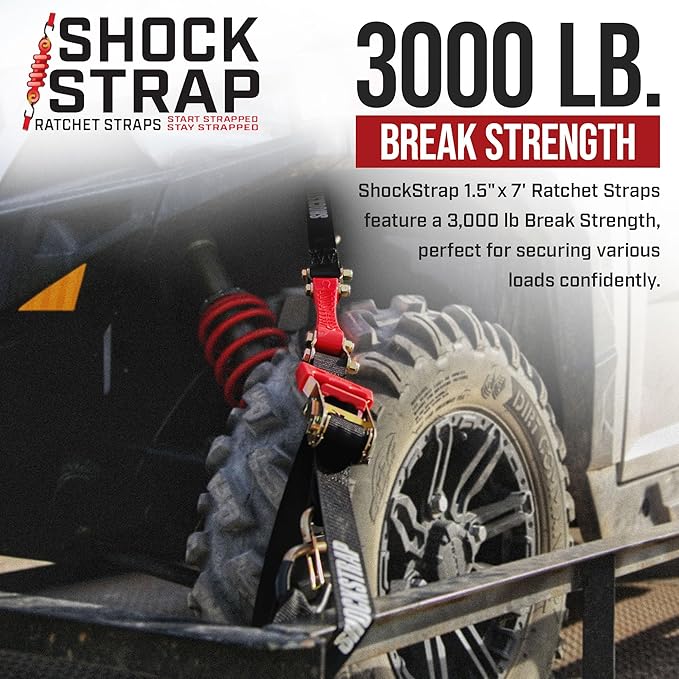 SHOCKSTRAP Ratchet Strap, 7’ x 1.5" Shock Absorbing Heavy Duty Tie downs for Cargo, 1,000 LB WLL / 3,000 LB Break Strength, 4-Pack