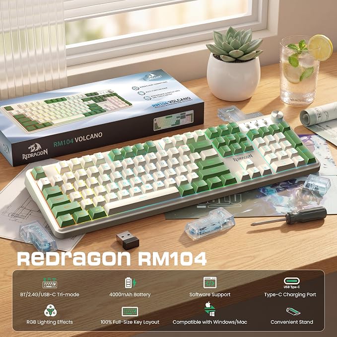 Redragon RM104 Wireless Gaming Keyboard with Knob, Tri-Mode BT/2.4G/USB-C RGB Computer Keyboards, 4000mAh Battery, Programmable Software Support, Anti-Ghosting, Compatible with PC Mac - White & Green