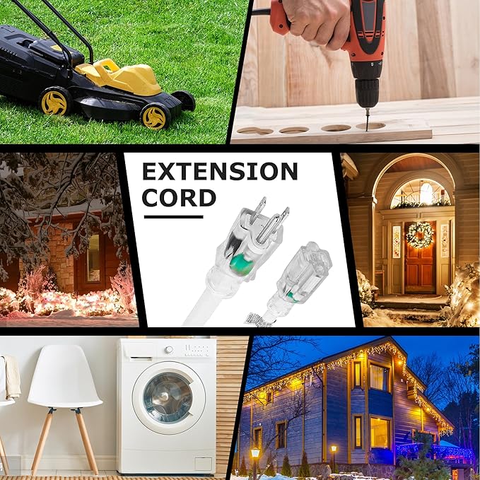YOJOE Indoor Outdoor Extension Cord with Lighted End, 3 Prong 15A Weatherproof Power Cord, 12 Gauge Heavy Duty 6 ft White Extension Cord for Garage, Garden and Home, 12/3 SJTW UL Listed