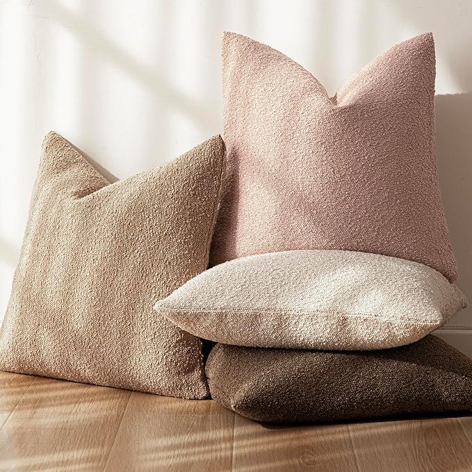 Foindtower Set of 2, Decorative Textured Boucle Throw Pillow Covers Accent Solid Pillow Cases Neutral Soft Cozy Couch Cushion Case for Chair Sofa Bedroom Living Room Home Decor 20 x 20 Inch Light Pink