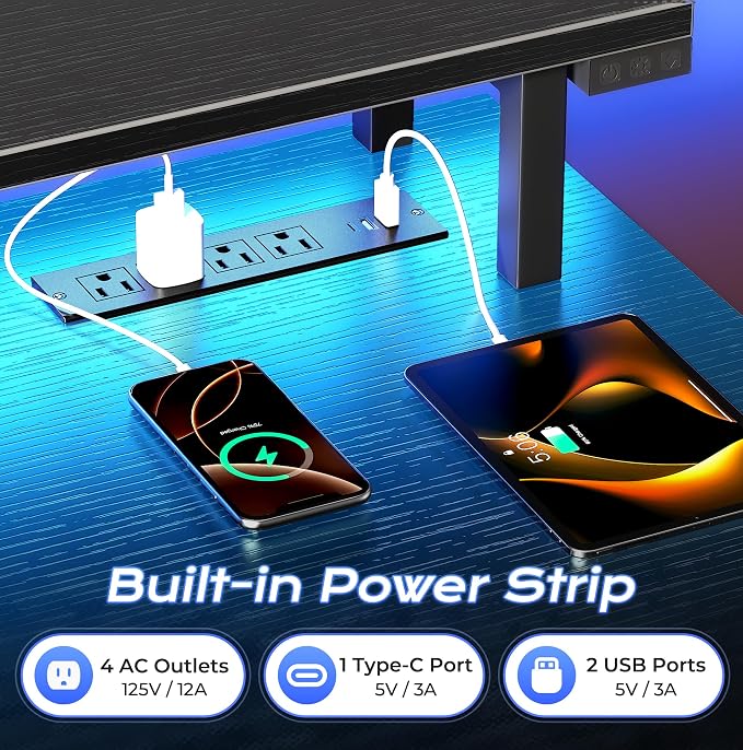 PRAISUN 63 inch Gaming Desk, LED & Power Outlets, Monitor Stand, Black | Sturdy PC Desk for Home Office, Study & Work, LED Lights, 4 AC Outlets & USB-C Charging Station
