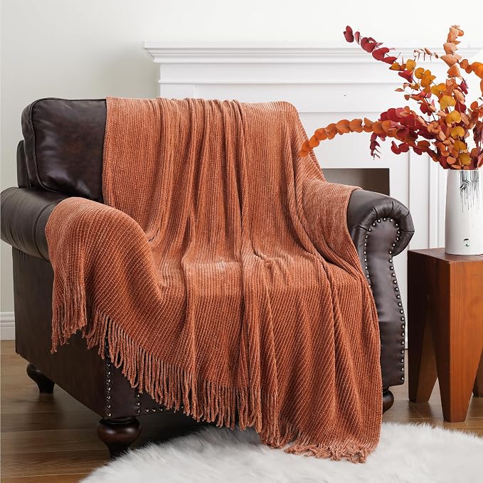 BATTILO HOME Rust Orange Throw Blanket for Couch, 60"x80" | Soft Chenille Throw Blanket with Tassels for Fall Decor, Fall Throw Blanket for Home Decoration