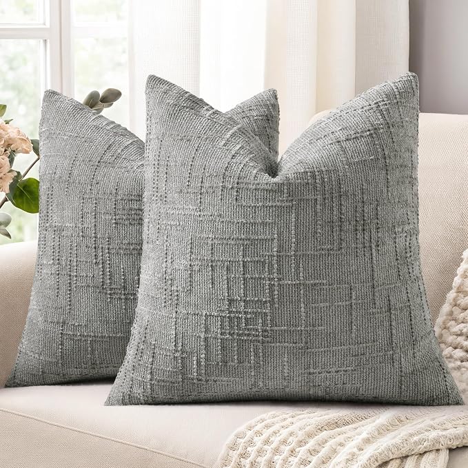 decorUhome Textured Chenille Throw Pillow Covers 22x22 Set of 2 Grey | Fall Modern Farmhouse Soft Cozy Slubby Couch Pillow Cases Boho Decorative Pillow Cases for Bed Sofa Living Room Home Decor