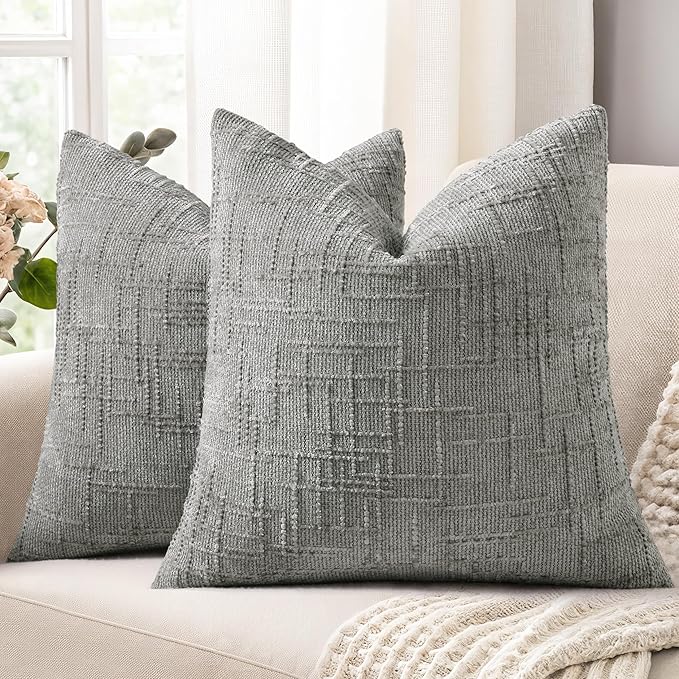 decorUhome Textured Chenille Throw Pillow Covers 16x16 Set of 2 Grey | Fall Modern Farmhouse Soft Cozy Slubby Couch Pillow Cases Boho Decorative Pillow Cases for Bed Sofa Living Room Home Decor