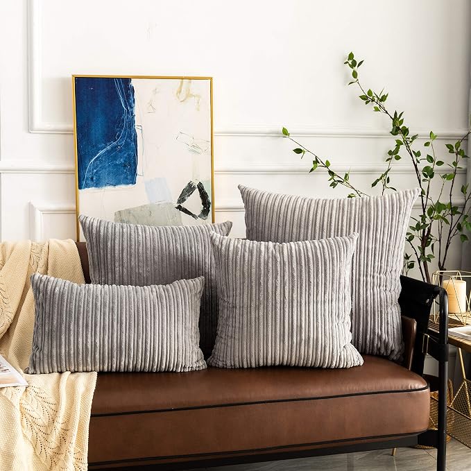 UGASA Pack of 2, Velvet Pillow Covers Striped, Soft Textured Throw Cushion Case Set, Accent Corduroy Lumbar Pillowcases with Hidden Zipper for Home Decor Indoor Outdoor (12"x20", Light Grey)