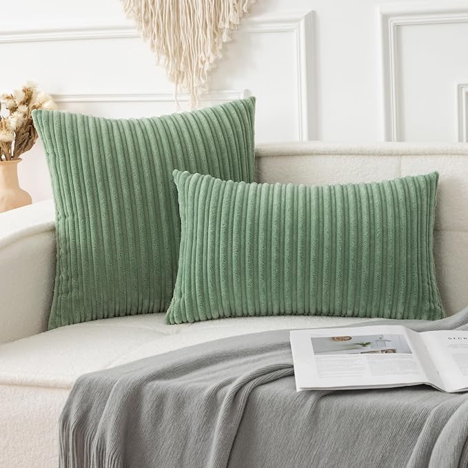 UGASA 12x24 Inch Pillow Cover Pack of 1 Soft Boho Stripe Corduroy Long Rectangular Lumbar Cushion Cover Farmhouse Decorative Throw Pillowcase for Bed, Couch, Sofa, Bedroom, Living Room, Sage Green