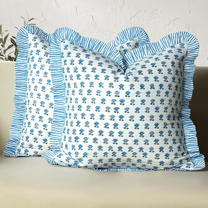 CPC Arctic Blue Hand Block Print 100% Cotton Ruffle Throw Pillow Cover 20x20 inch with Hidden Zipper Decorative for Couch, Bed, Sofa, Farmhouse, Cottagecore Decor Gift Christmas Fall Thanksgiving
