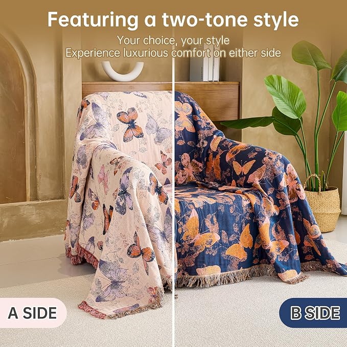 VANJOROY Boho Throw Blanket, 100% Organic Cotton Breathable Ultra Soft 91" x 108" King Bed Quilt Throw - All Season Floral Rustic Farmhouse Decor Luxury Blanket for Sofa Couch Chair and Gift