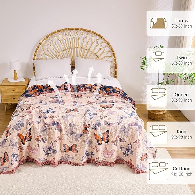 VANJOROY Boho Throw Blanket, 100% Organic Cotton Breathable Ultra Soft 80" x 90" Bed Quilt Throw - All Season Floral Rustic Farmhouse Decor Luxury Reversible Blanket for Sofa Couch Chair and Gift