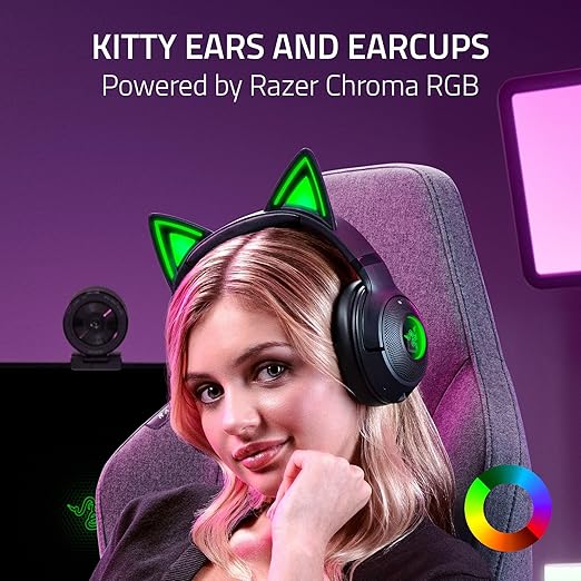 Razer Kraken Kitty V2 BT Wireless RGB Headset, Black | Chroma RGB Kitty Ears & Earcups, Bluetooth 5.2, 40 mm Drivers, Noise-cancelling Mics, Lightweight, USB-C, 40 Hr Battery