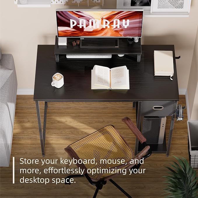 Pamray 39 Inch Small Computer Desk with Monitor Stand and Drawer for Gaming | Small Gaming Desk, for Bedroom Small Spaces, Home Office, Dorm and Apartment, for Writing, Study and Working