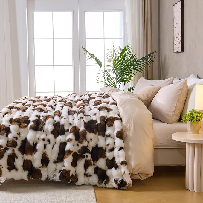 DOWNCOOL Large Faux Rabbit Fur Throw Blanket, Soft Fluffy Fuzzy Plush Bubble Blanket for Couch Sofa & Bed, Cozy Warm Luxury Fleece Minky Blanket, 90x90 Inches Cow Print-Brown