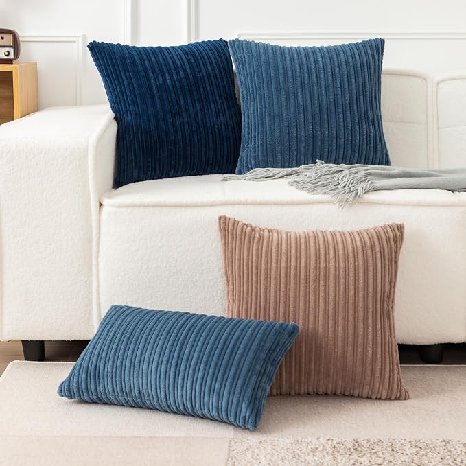 UGASA 14x20 Inch Pillow Cover Pack of 1 Soft Boho Stripe Corduroy Long Rectangle Lumbar Cushion Case Farmhouse Decorative Throw Pilowcase for Bed, Couch, Sofa, Bedroom, Living Room, Navy Blue