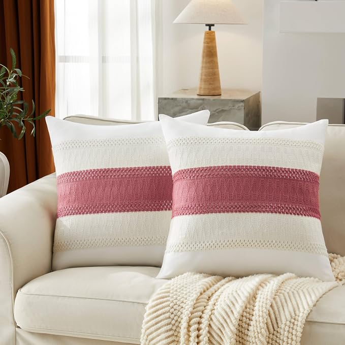 2pk Boho Pillow Covers 22x22, Natural White/Contrast/Dusty Pink | 100% Organic Cotton Body, Stripe Embroidery, Farmhouse Decorative Cushion Covers for Sofa Bed Living Room Home Decor