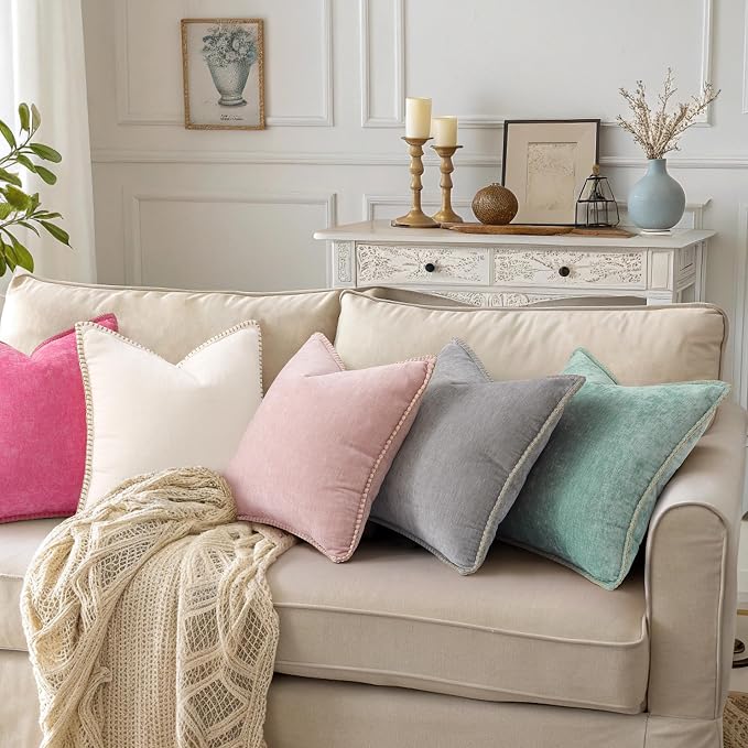 decorUhome Soft Chenille Throw Pillow Covers 18x18 Set of 2 Neutral Gray | Fall Textured Decorative Throw Pillow Cases Stitched Edge Modern Farmhouse Luxury Boho Velvet for Couch Sofa Bed Home Decor