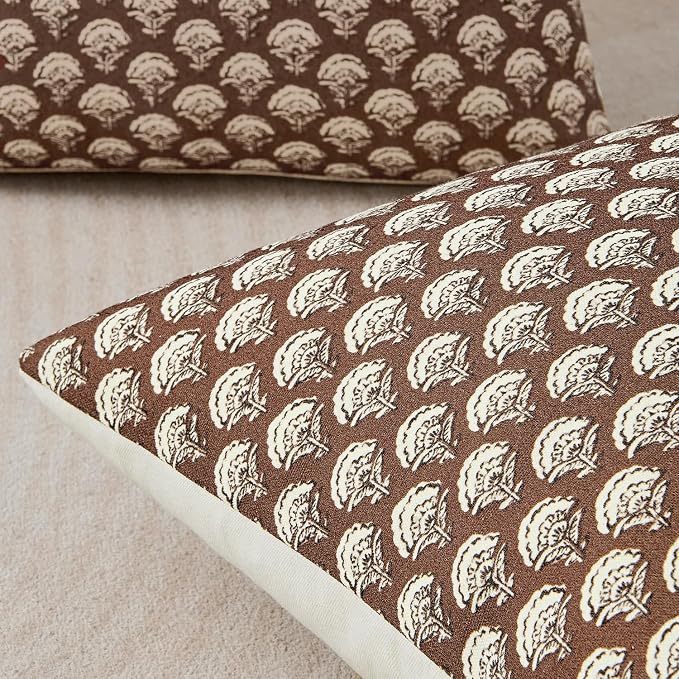 MIULEE Fall Floral Print Decorative Pillow Covers 18x18, Dark Brown | Vintage Boho Farmhouse Modern Home Decor, Set of 2, Block Print Cushion Covers for Couch Sofa Bed Living Room