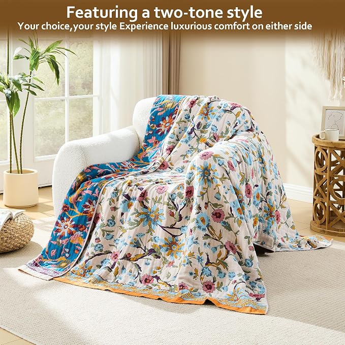 VANJOROY Boho Throw Blanket, 100% Organic Cotton Breathable Skin-Friendly Ultra Soft 50" x 60" Bed Quilt Throw - Floral Rustic Decor Luxury Reversible Blanket for Sofa Couch Chair and Gift,