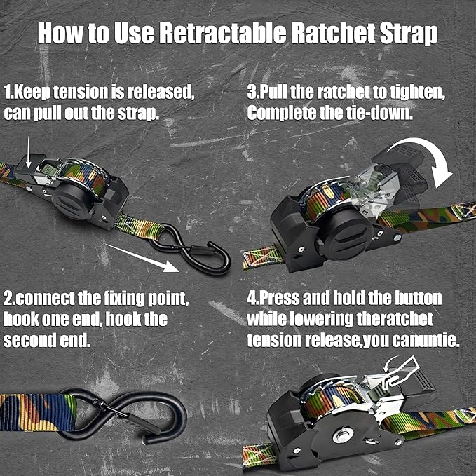 KJE Camo Retractable Ratchet Straps, (4) 1" x 10' Tie Down Strap + (4) Soft Loop -Heavy Duty 1,650lb Max Break Strength, S-Hook W/Clip, Self Retracting Ratchet Strap for Motorcycle, Kayak, ATVs, Boats