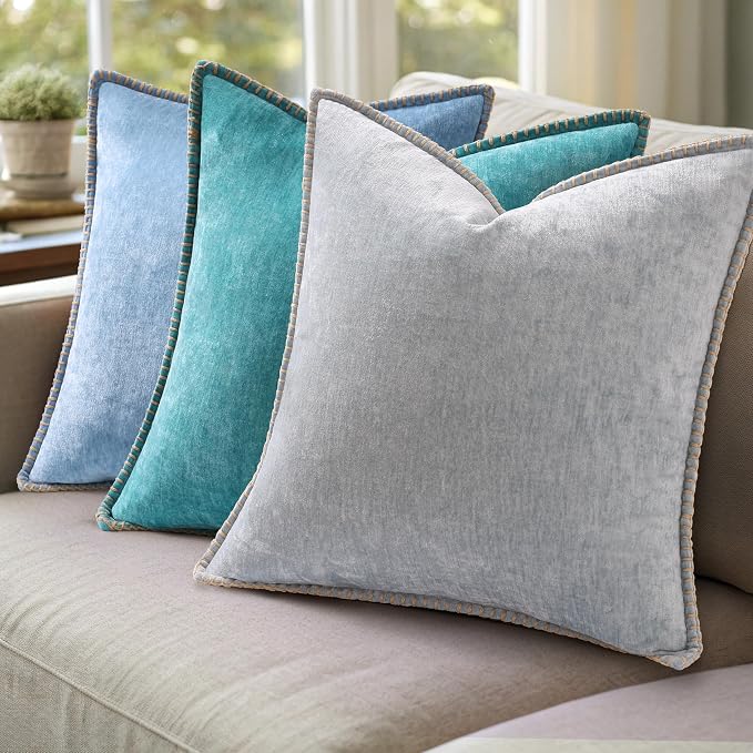 decorUhome Soft Chenille Throw Pillow Covers 26x26 Set of 2 Blue | Fall Textured Decorative Throw Pillow Cases Stitched Edge Modern Farmhouse Luxury Boho Velvet for Couch Sofa Bed Home Decor