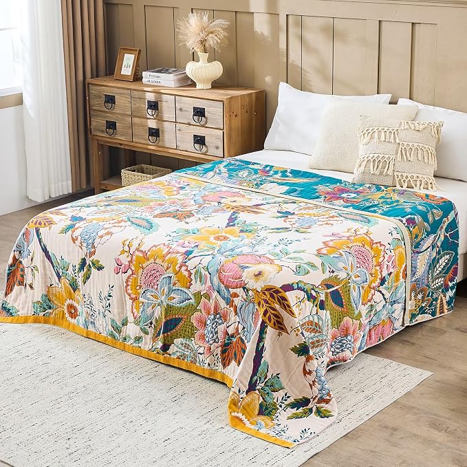 XIBLC Boho Throw Blanket 100% Cotton Vintage Blanket Muslin Woven Flower Decorative Throw Blankets All Season Bohemian Rustic Farmhouse Decor Quilt for Bed (Yellow 50"x60")
