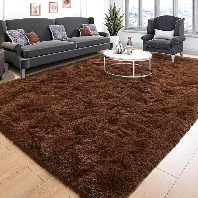 Tepook 9x12 Brown Area Rugs for Living Room Bedroom, Soft Fluffy Plush Shaggy Girls Boys Kids Room Rug, Shag Upgrade Non-Slip Throw Carpet for Dorms Nursery Classroom Home Decor