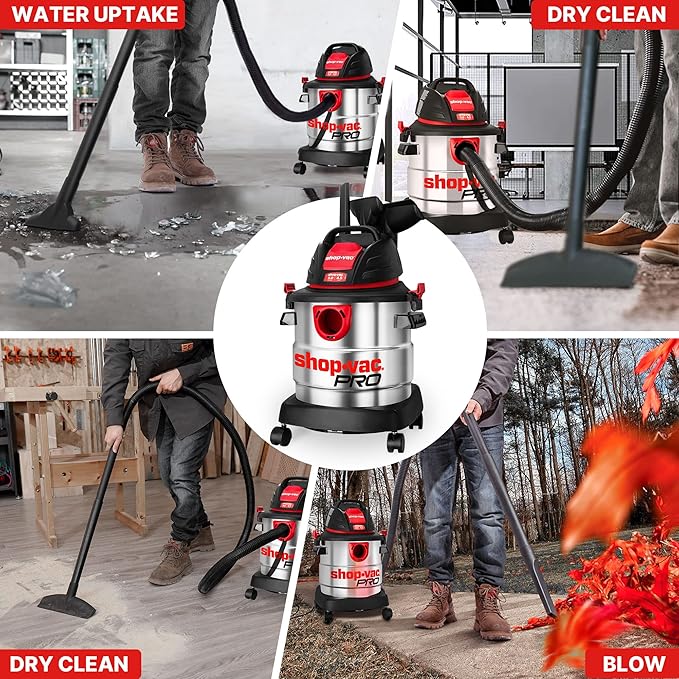 Shop-Vac 5 Gallon 4.5 Peak HP Wet/Dry Vacuum, Stainless Steel Tank, Portable Shop Vacuum 2-in-1 AC Drain Line Unclogger Tool, Universal Fit HVAC Drain Line Adapters for Vacuums