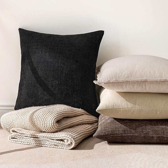 MIULEE Textured Chenille Throw Pillow Covers 22x22 Inch Black | Pack of 2 Decorative Soft Throw Pillows, Solid Textured Cushion Covers, Modern Home Decor for Couch Sofa Bedroom Living Room