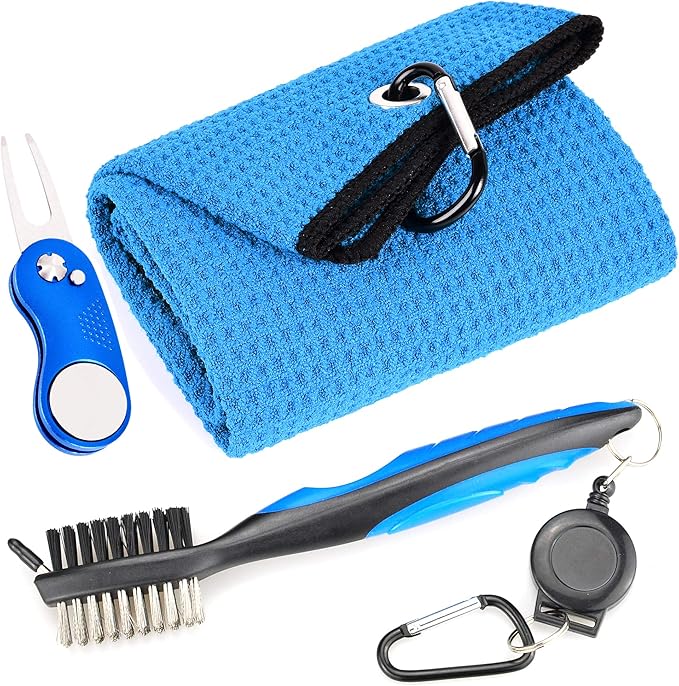 Mile High Life Microfiber Waffle Pattern Golf Towel | Club Groove Cleaner Brush | Foldable Divot Tool with Magnetic Ball Marker (Blue Towel/Brush/Curve Divot)