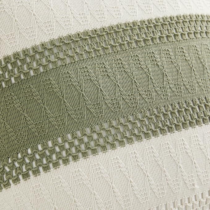 2pk Boho Pillow Covers 22x22, Natural White/Contrast/Green | 100% Organic Cotton Body, Stripe Embroidery, Farmhouse Decorative Cushion Covers for Sofa Bed Living Room Home Decor