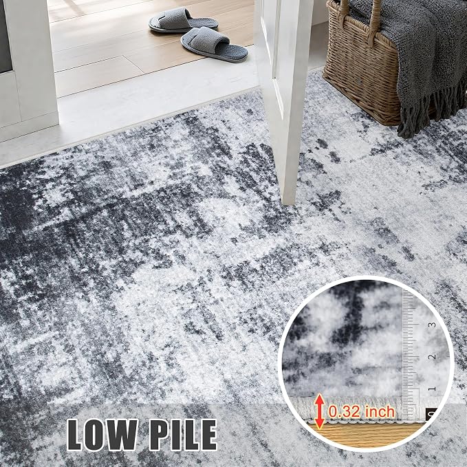 Round Area Rug for Living Room: 5 ft Washable Modern Abstract Soft Thin Rug Indoor Floor No Slip Stain Resistant Carpet for Bedroom Dining Room Farmhouse Nursery Home Office - Dark Black