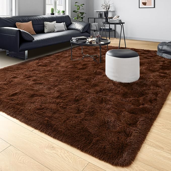 Tepook 6x9 Brown Area Rugs for Living Room Bedroom, Soft Fluffy Plush Shaggy Girls Boys Kids Room Rug, Shag Upgrade Non-Slip Throw Carpet for Dorms Nursery Classroom Home Decor