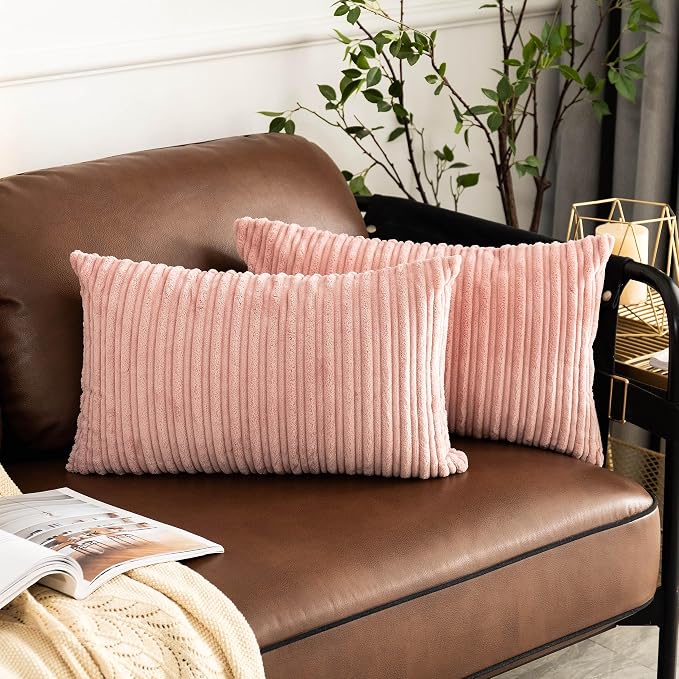 UGASA Velvet Pillow Covers Striped Soft Textured Throw Cushion Cases Pack of 2 Valentines Day Accent Corduroy Lumbar Pillowcases with Hidden Zipper for Home Decor Indoor 12"x20", Baby Pink